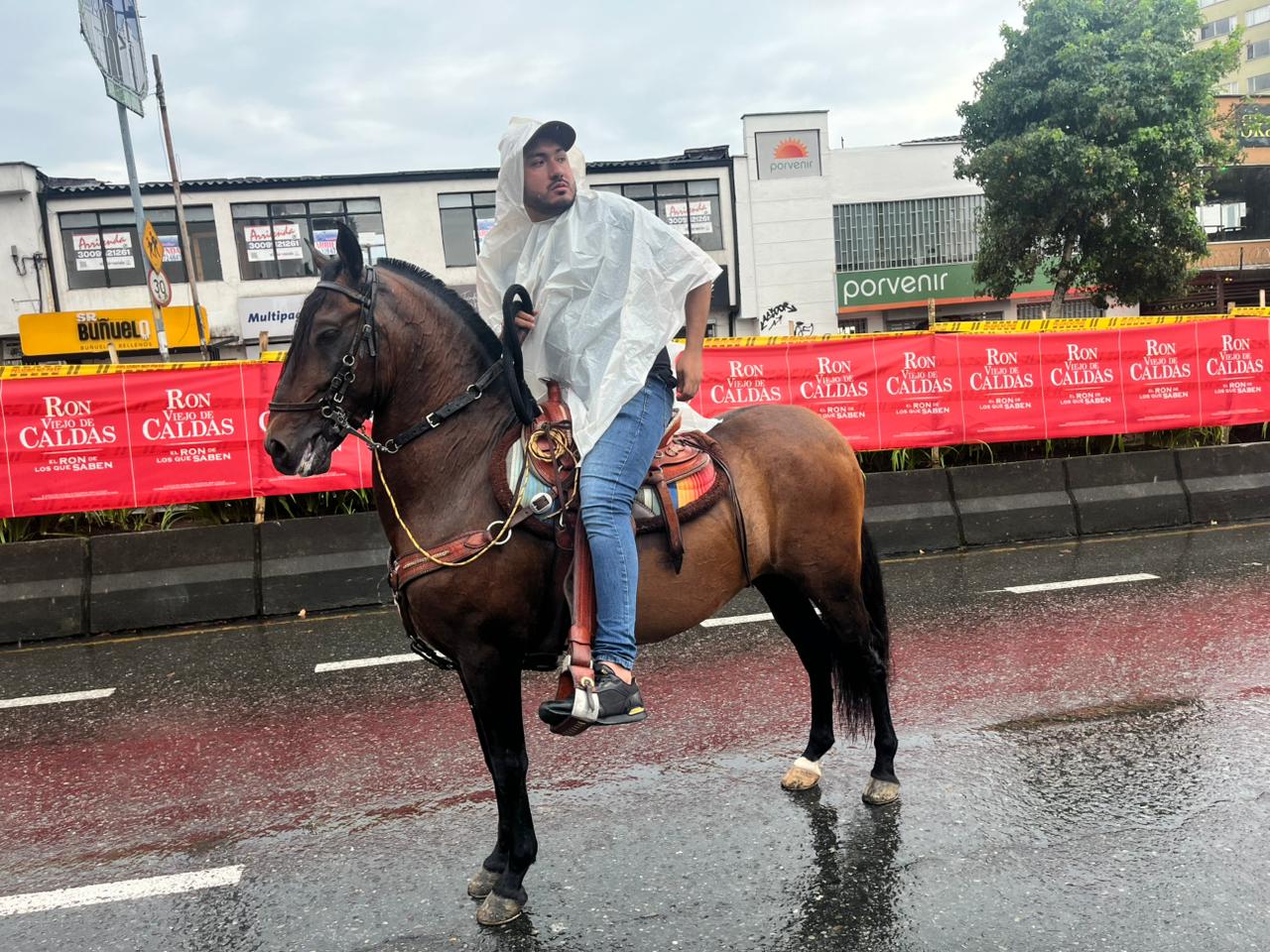 Jinete con poncho de lluvia sobre un caballo castaño en Manizales